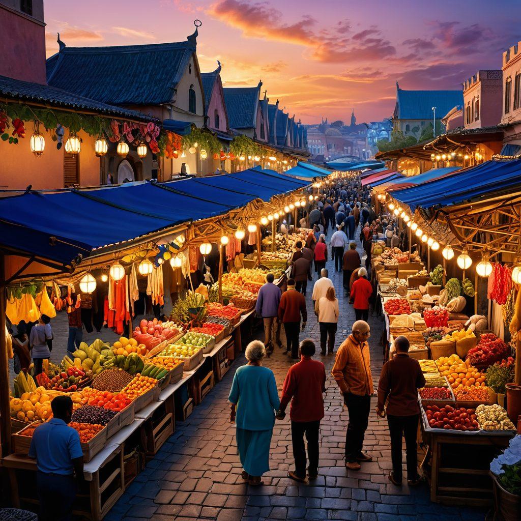 A vibrant marketplace scene filled with diverse people engaging in lively trade, showcasing colorful goods and joyful interactions. Include elements representing beautiful alliances, like handshakes or shared laughter amidst stalls decorated with artistic designs. The background can feature an enchanting sunset, symbolizing the beauty of commerce connections. super-realistic. vibrant colors. 3D.
