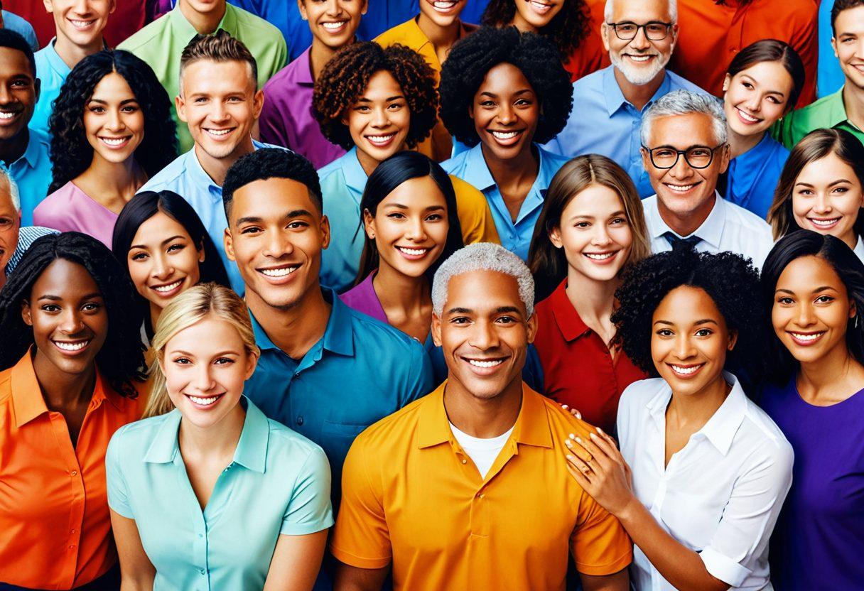 A visually engaging network of diverse, smiling individuals forming interconnected bonds, surrounded by vibrant geometric shapes symbolizing growth and collaboration. Each person should represent different professions and cultures, showcasing a harmonious blend of colors. The background features abstract waves that signify movement and dynamism in relationships. super-realistic. vibrant colors. 3D.