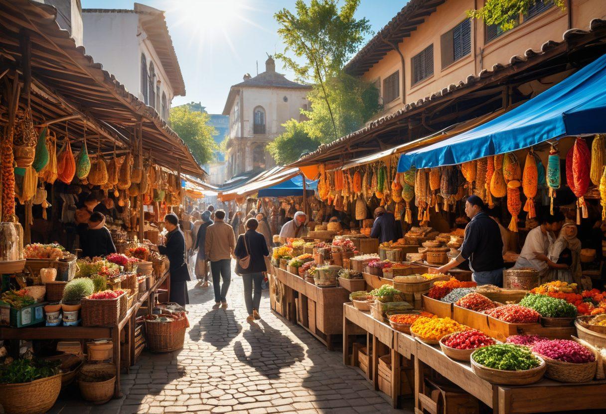 A vibrant marketplace scene showcasing diverse people engaging in bartering, surrounded by beautifully decorated stalls filled with handmade crafts, exotic foods, and art. The setting is infused with warm sunlight, enhancing the array of colors in the products. Smiling faces express joy and satisfaction in the art of trade, bringing a sense of community and connection. super-realistic. vibrant colors. lively atmosphere.